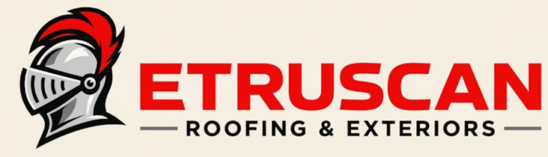 Logo shows a gray helmet with red plume next to bold red text “ETRUSCAN” and black text below reading “ROOFING & EXTERIORS” on a light background.