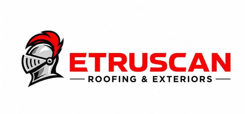 Logo featuring a knight’s helmet with a red plume next to the words “ETRUSCAN ROOFING & EXTERIORS” in bold red and black text on a white background.