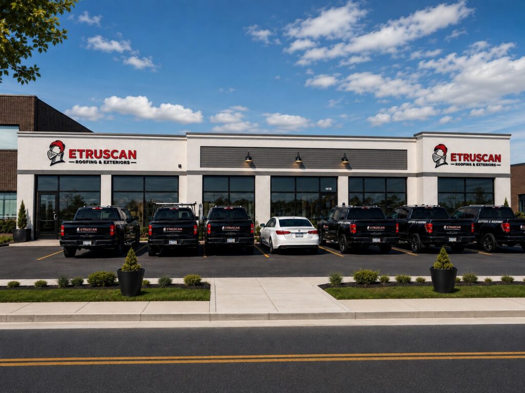 A commercial building with “Etruscan Roofing & Exteriors” signs, several black trucks, and one white car parked in front under a blue sky.